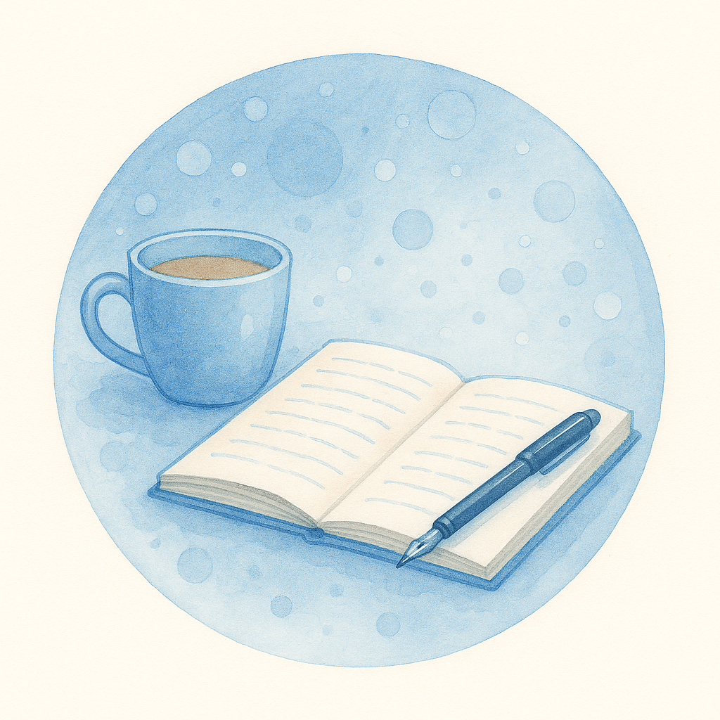 Illustration aquarelle du blog Terre du Sud : carnet ouvert, tasse et ambiance bulles pastel
